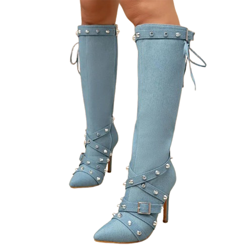 Funki Findz | Boots | Women's Denim Cross Strap Buckle Boots