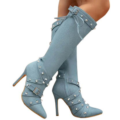 Funki Findz | Boots | Women's Denim Cross Strap Buckle Boots