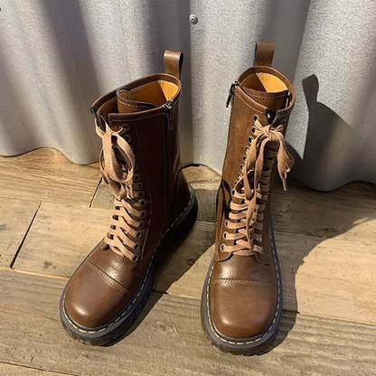 Funki Findz | Boots | Women's Brown Lace Up Calf Combat Boot