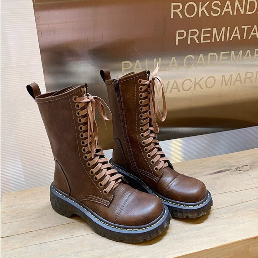 Funki Findz | Boots | Women's Brown Lace Up Calf Combat Boot