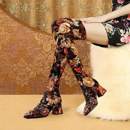 Funki Findz | Boots | Women's Over Knee Flower Embroider Boot