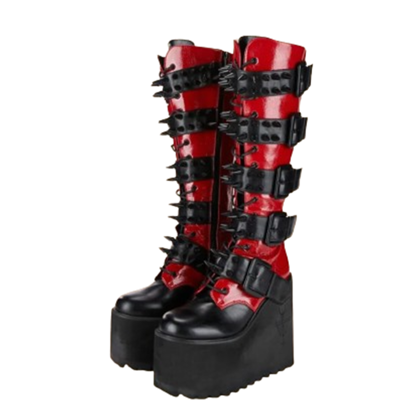 Funki Findz | Boots | Women's Red Buckle Strap Platform Boots