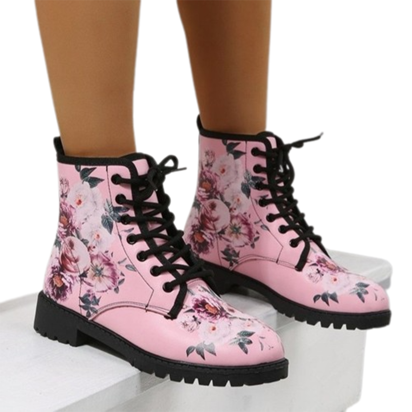 Funki Findz | Boots | Women's Floral Rose Print Flat Ankle Boots