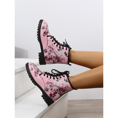 Funki Findz | Boots | Women's Floral Rose Print Flat Ankle Boots