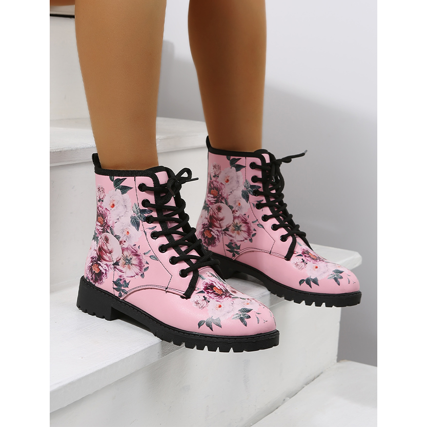 Funki Findz | Boots | Women's Floral Rose Print Flat Ankle Boots
