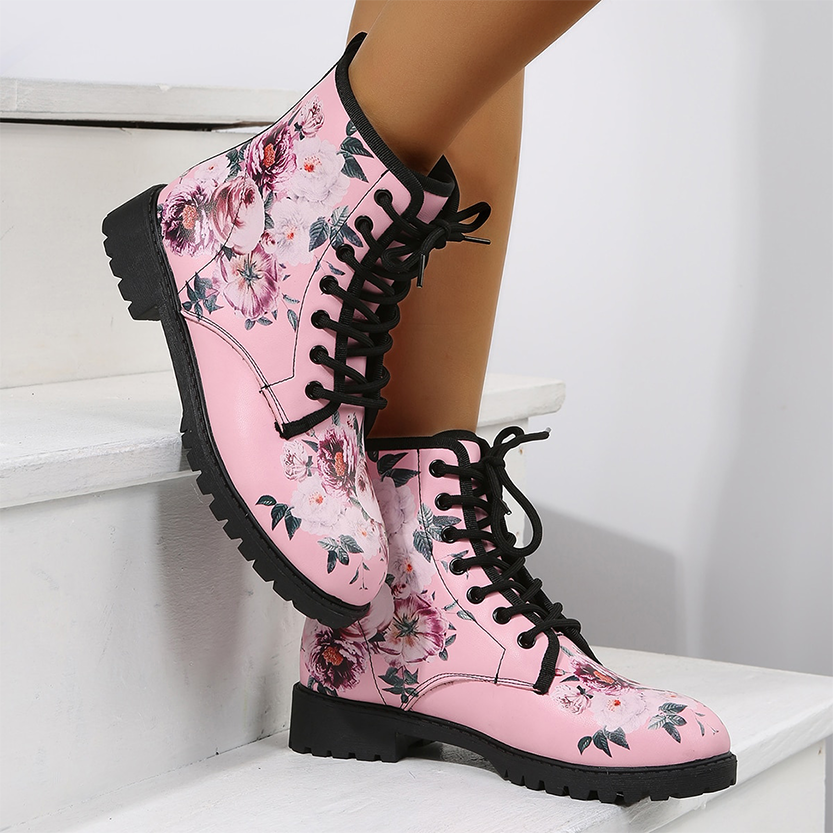 Funki Findz | Boots | Women's Floral Rose Print Flat Ankle Boots