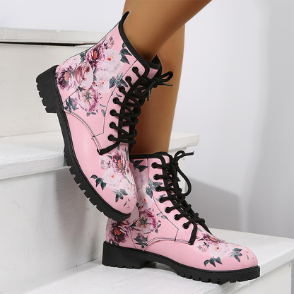 Funki Findz | Boots | Women's Floral Rose Print Flat Ankle Boots