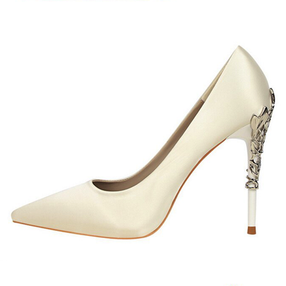 Funki Findz | Shoes | Women's Silk Stilettos | Metal Carved Heels