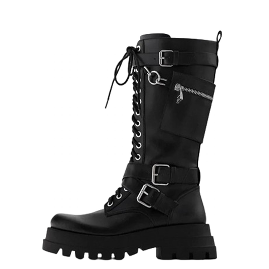 Funki Findz | Boots | Women's Knee High Silver Chain Biker Boot