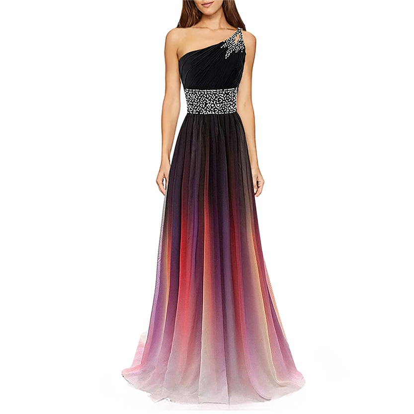 A womanwearing a colorful evening gown with a gradient from black to purple to pink. The one-shoulder design and patterned waist add elegance.