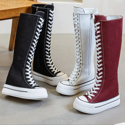 Funki Findz | Boots | Women's Lace Up Knee High Canvas Boots