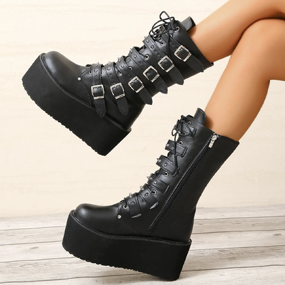 Funki Findz | Boots | Women's Buckle Strap Wedge Biker Boots