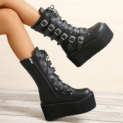 Funki Findz | Boots | Women's Buckle Strap Wedge Biker Boots