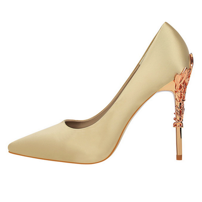 Funki Findz | Shoes | Women's Silk Stilettos | Metal Carved Heels