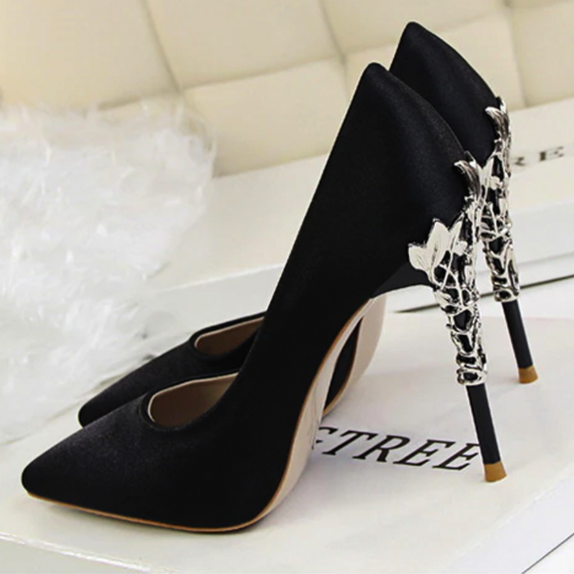 Funki Findz | Shoes | Women's Silk Stilettos | Metal Carved Heels