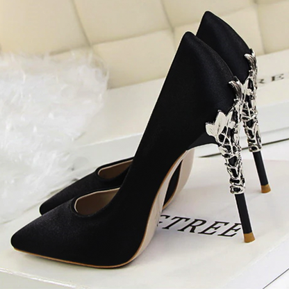 Funki Findz | Shoes | Women's Silk Stilettos | Metal Carved Heels
