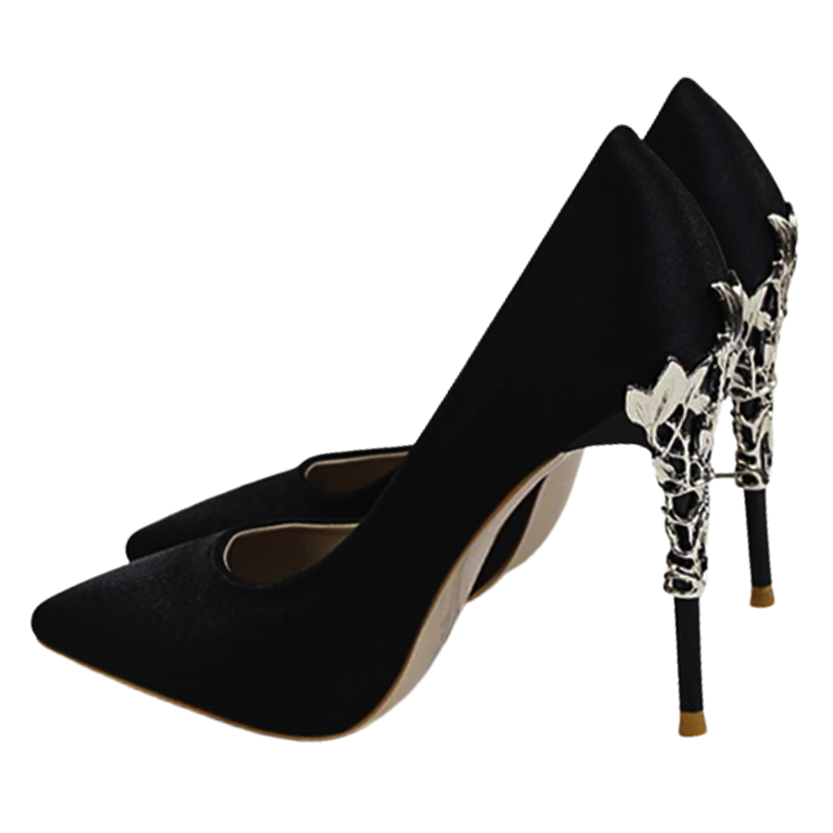 Funki Findz | Shoes | Women's Silk Stilettos | Metal Carved Heels