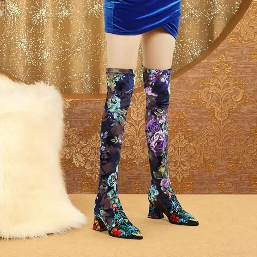 Funki Findz | Boots | Women's Over Knee Flower Embroider Boot