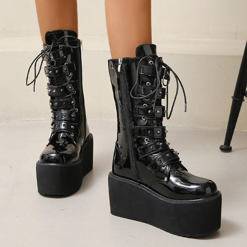 Funki Findz | Boots | Women's Buckle Strap Wedge Biker Boots
