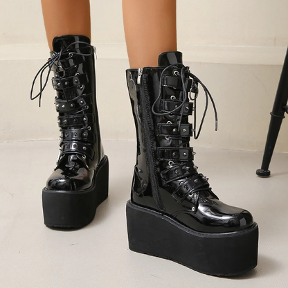 Funki Findz | Boots | Women's Buckle Strap Wedge Biker Boots