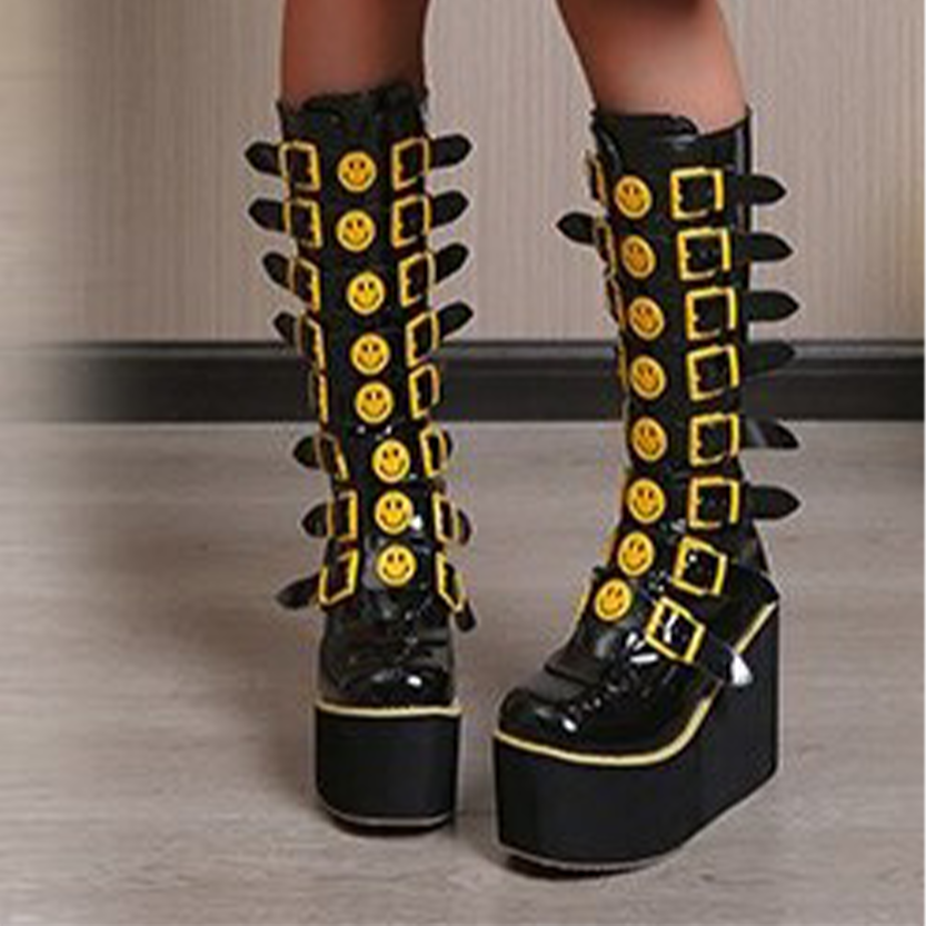 Funki Findz | Boots | Women's Black Yellow Smiley Face Boots