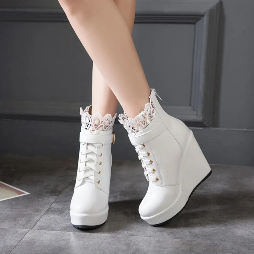 Funki Findz | Boots | Women's High Lace Top Wedge Ankle Boots