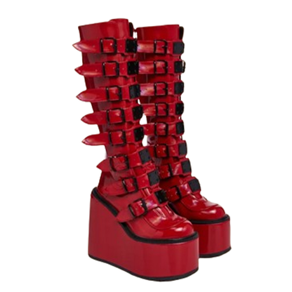 Funki Findz | Boots | Women's Red Buckle Strap Platform Boots