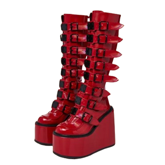Funki Findz | Boots | Women's Red Buckle Strap Platform Boots