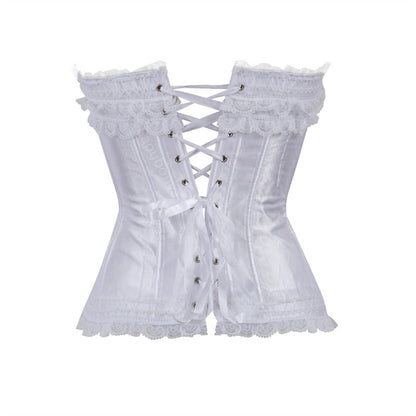 White satin corset adorned with delicate lace trimmings and silver eyelets. The corset features intricate front lacing, evoking elegance and sophistication.