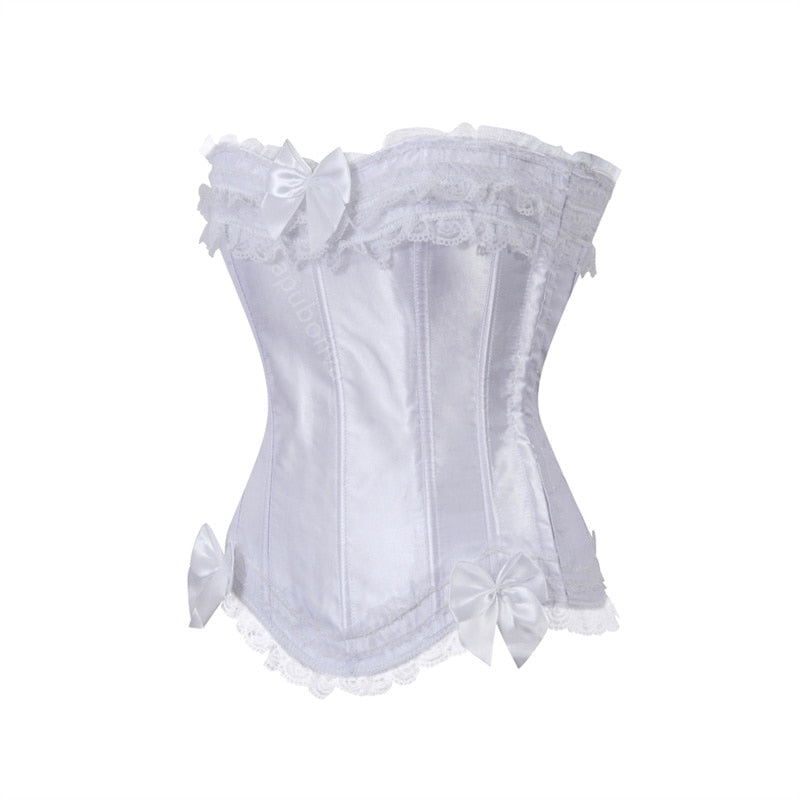 White satin corset with lace trim and ribbon bows, featuring a delicate and elegant design, evoking a vintage romantic feel., featuring a delicate and elegant design, evoking a vintage romantic feel.