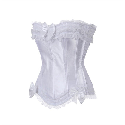 White satin corset with lace trim and ribbon bows, featuring a delicate and elegant design, evoking a vintage romantic feel., featuring a delicate and elegant design, evoking a vintage romantic feel.