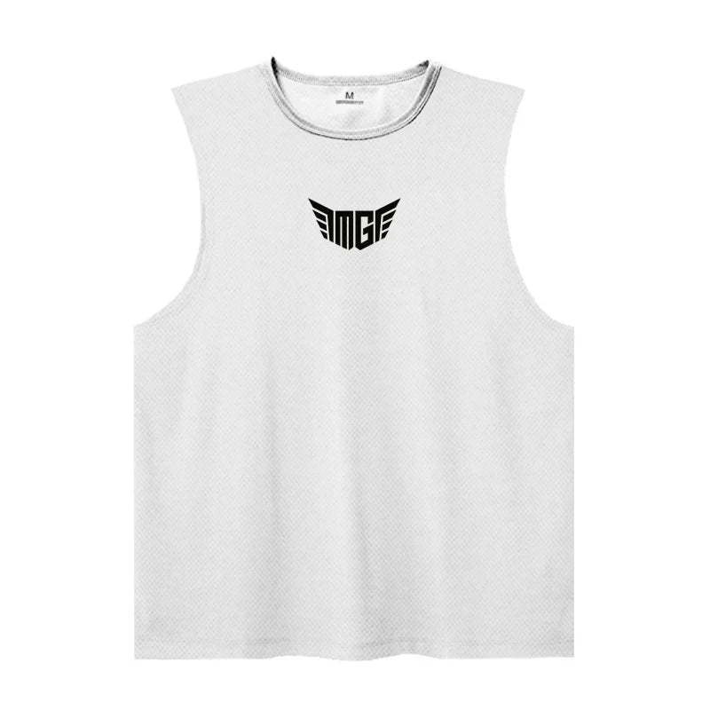 White sleeveless athletic shirt featuring a bold black "MGF" logo with wing design on the front, ideal for sportswear.