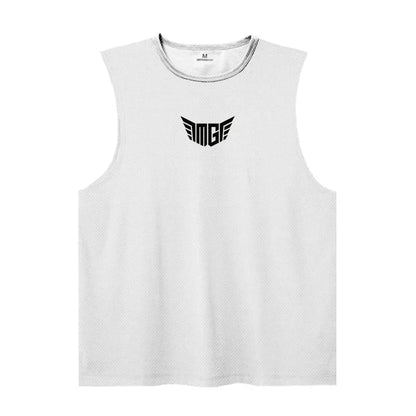 White sleeveless athletic shirt featuring a bold black "MGF" logo with wing design on the front, ideal for sportswear.