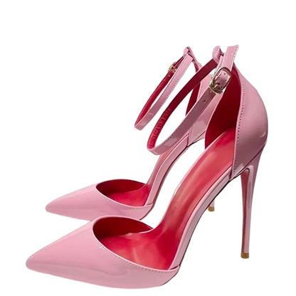 Pink high-heeled shoes with a strap on a white background