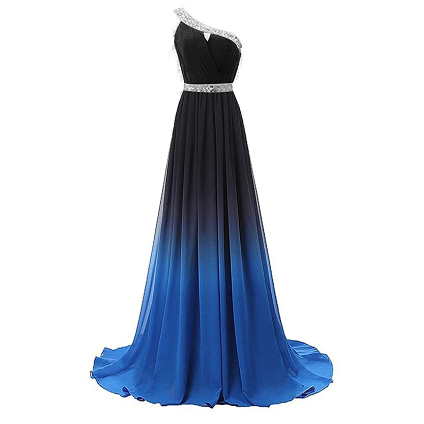Black to blue gradient evening gown with a one-shoulder design on a white background