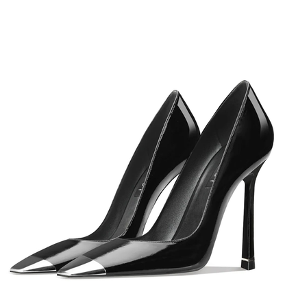 Black high-heeled shoes on a white background
