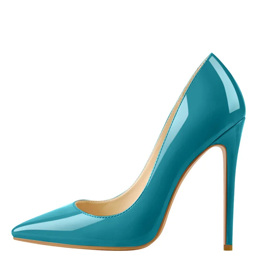 Teal high-heeled shoe on a white background