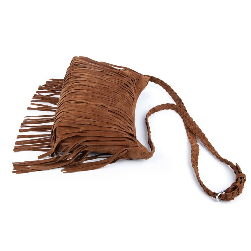 Brown suede fringe handbag with a braided strap, featuring long leather tassels along one side for a bohemian look.