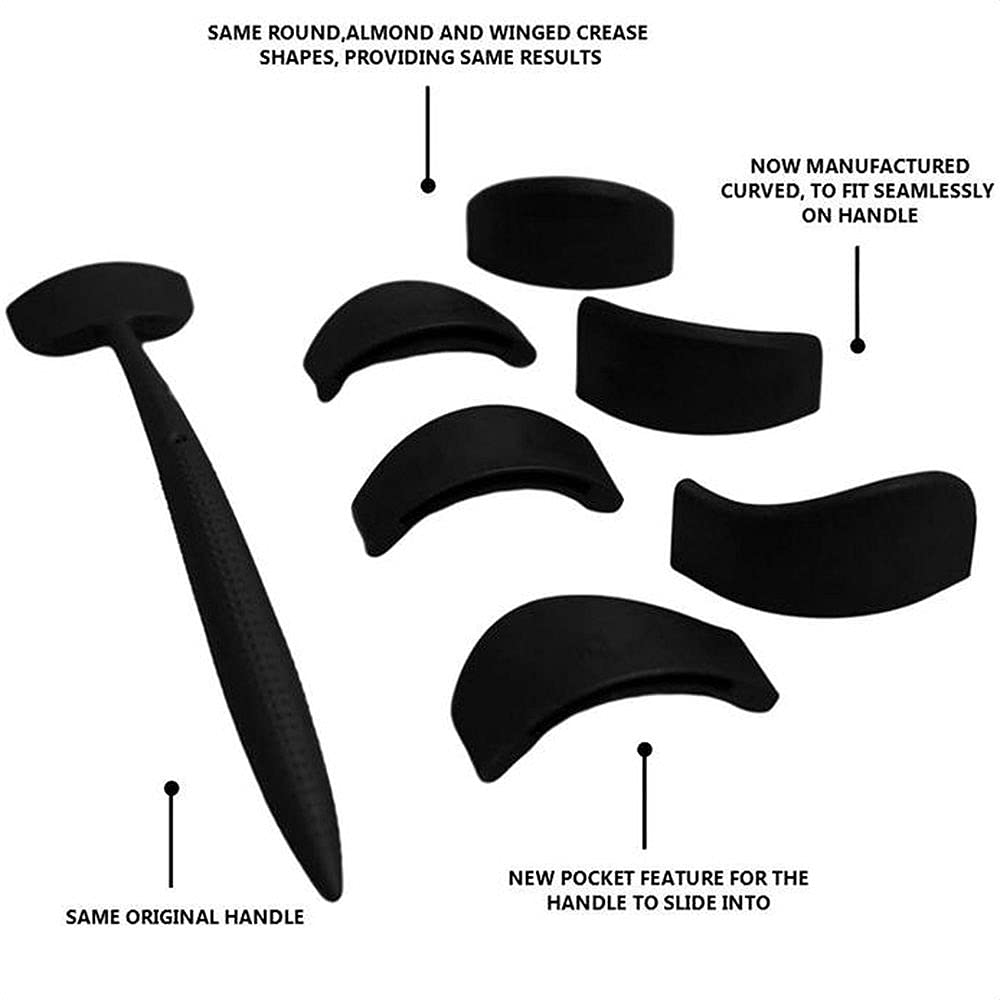 Makeup tool set with a black handle and six curved attachments for creating crease shapes. Text highlights original handle design and new pocket feature.