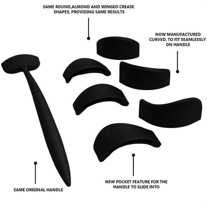 Makeup tool set with a black handle and six curved attachments for creating crease shapes. Text highlights original handle design and new pocket feature.