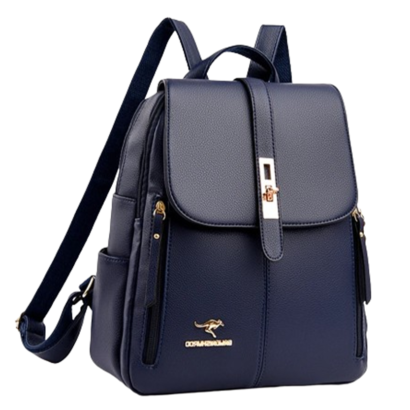 Stylish navy blue backpack with a flap closure, gold accents, and multiple zippered pockets for convenience and organization.