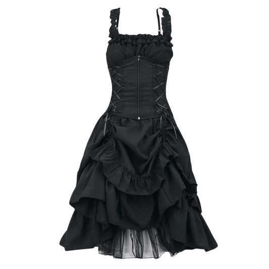 Black Gothic dress with ruffled straps and lace-up corset bodice, featuring a high-low layered skirt with dramatic, voluminous ruffles. Elegant and dramatic.