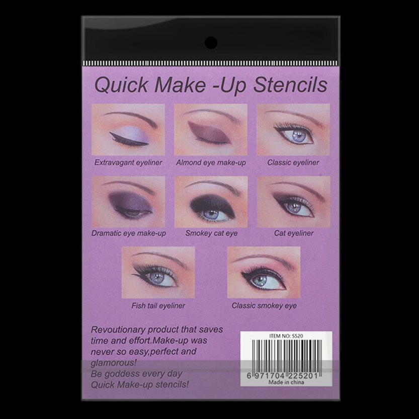 Purple packaging shows eight eye makeup styles with labeled images, including extravagant eyeliner and smokey cat eye. Text promotes ease and glamour.