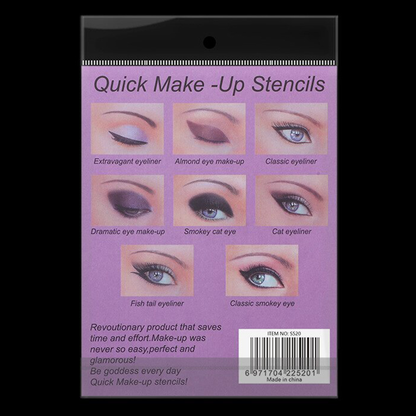 Purple packaging shows eight eye makeup styles with labeled images, including extravagant eyeliner and smokey cat eye. Text promotes ease and glamour.