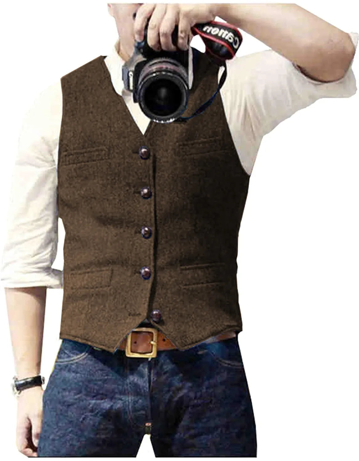 A man in a brown vest holds a DSLR camera, wearing a white shirt and blue jeans, ready to take a photo.