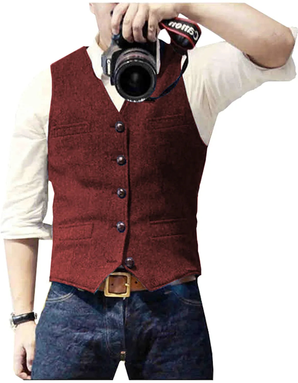A man in a burgundy vest and white shirt takes a selfie with a DSLR camera, showcasing a casual yet stylish outfit.