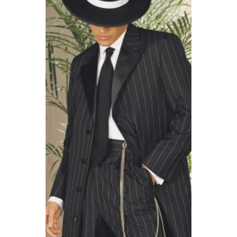 A person wearing a classic black and white pinstripe suit with a tie and a fedora. A chain hangs from their waist. Background has green plants.