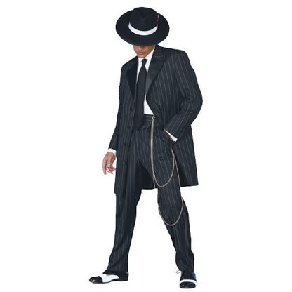 Man in a classic pinstripe zoot suit with wide-brimmed hat, black and white shoes, and gold chain. Exuding a stylish, vintage 1940s vibe.