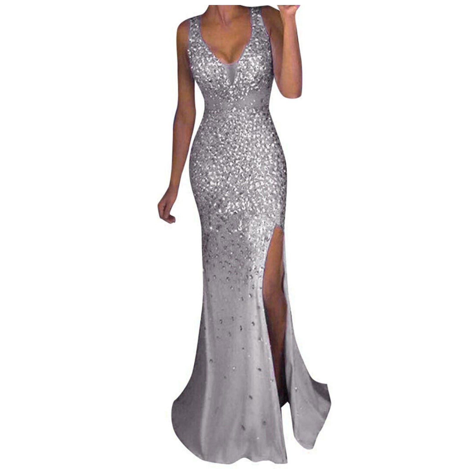 A woman wears a silver sequined gown with a deep V-neck and thigh-high slit. The fitted design and shimmering fabric convey elegance and sophistication.