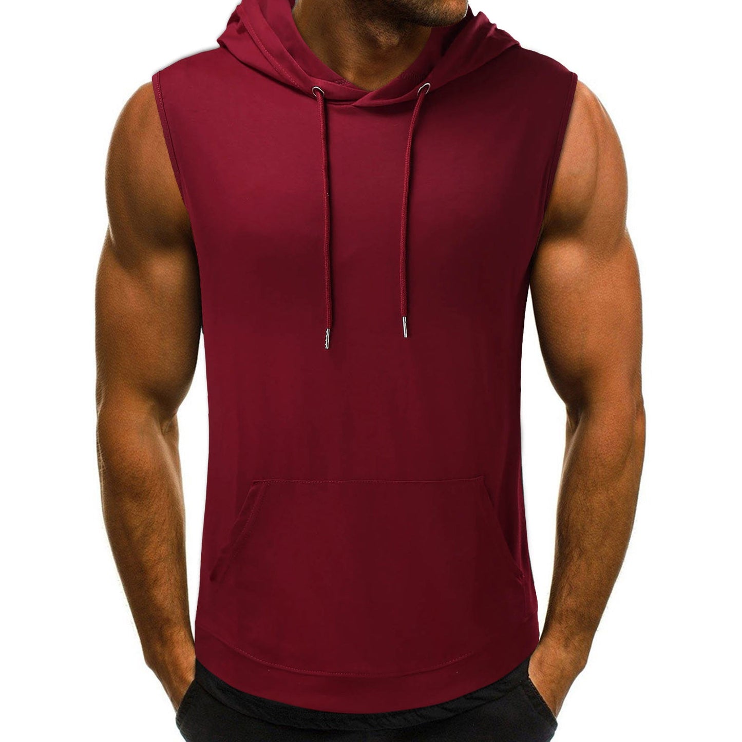 A muscular person wearing a sleeveless, maroon hoodie. The hoodie has a front pocket and drawstrings, conveying a casual, athletic style.